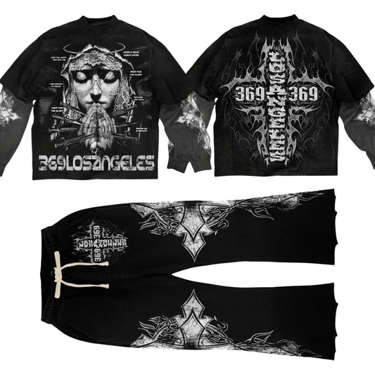 Human Angels Double-Layer Long-Sleeve T-Shirt & Flare Sweatpants Full Set