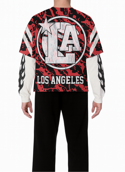 Red Tiger Double-Layer Long-Sleeve T-Shirt & Stripe Fleece Sweatpants Full Set