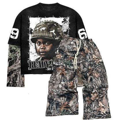Ready 4 War Long Sleeve T-Shirt & Woodland Camo Cargo Pants Full Set