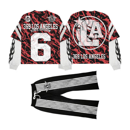 Red Tiger Double-Layer Long-Sleeve T-Shirt & Stripe Fleece Sweatpants Full Set